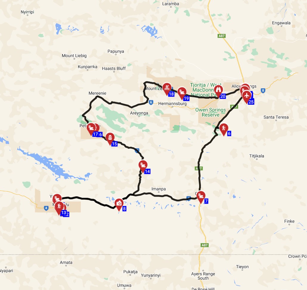 Map for Alice springs Roundtrip - The Red Centre Family Explorer